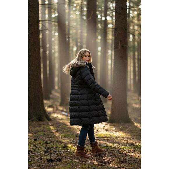 Lands End Puffer Jacket Womens M Black Down Fill Longline Winter Coat - Picture 2 of 4